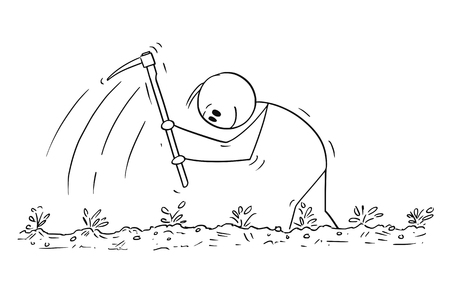 Cartoon stick figure drawing conceptual illustration of poor farmer enjoying hard working with hoe on the field.のイラスト素材