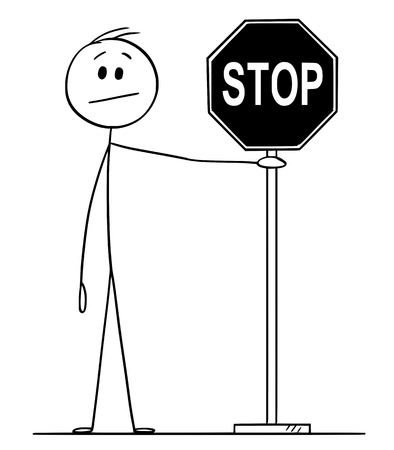 Vector cartoon stick figure drawing conceptual illustration of man or businessman holding stop sign.のイラスト素材