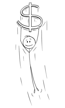 Vector cartoon stick figure drawing conceptual illustration of man or businessman holding big flying dollar currency symbol. Business concept of growth.のイラスト素材