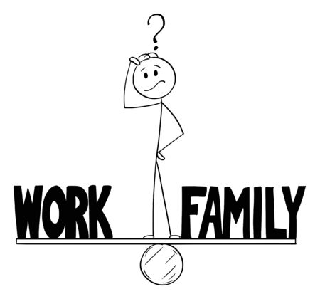 Vector cartoon stick figure drawing conceptual illustration of man or businessman thinking and standing on seesaw and balancing time between work and family.のイラスト素材