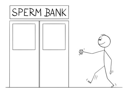 Vector cartoon stick figure drawing conceptual illustration of man walking in sperm bank with cup of sperm to test it or sell it.のイラスト素材