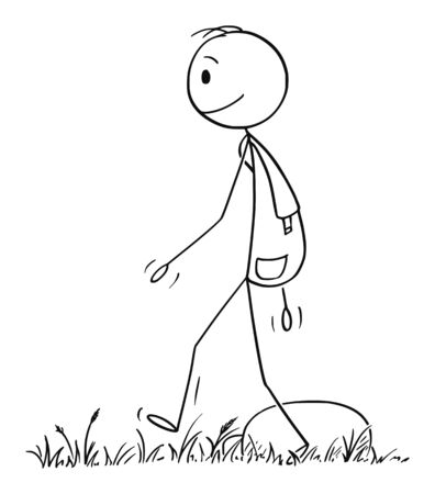 Vector cartoon stick figure drawing conceptual illustration of hiker or man with backpack hiking or walking on adventure in nature.のイラスト素材