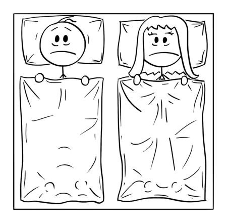 Vector cartoon stick figure drawing conceptual illustration of couple lying in bed, man and woman cant sleep, thinking about sexual problem or suffering insomnia.のイラスト素材