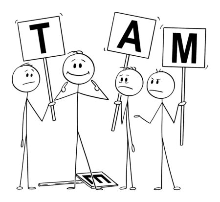 Vector cartoon stick figure drawing conceptual illustration of man or businessman pointing on yourself as the best part of the team. Business concept of arrogance, individuality and egoism.のイラスト素材