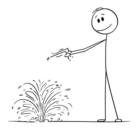 Vector cartoon stick figure drawing conceptual illustration of diviner or dowser searching for water in ground.のイラスト素材