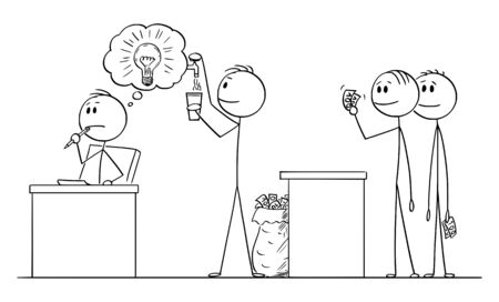 Vector cartoon stick figure drawing conceptual illustration of creative man or businessman thinking about problem, and another man exploiting and capitalizing his creativity.のイラスト素材