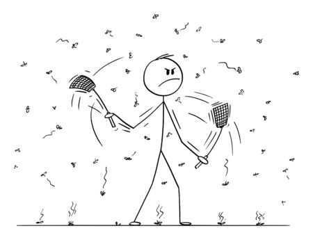 Vector cartoon stick figure drawing conceptual illustration of man or businessman with swatters, flappers or fly-flaps in both hands killing flies, mosquitoes or just insect flying around.のイラスト素材
