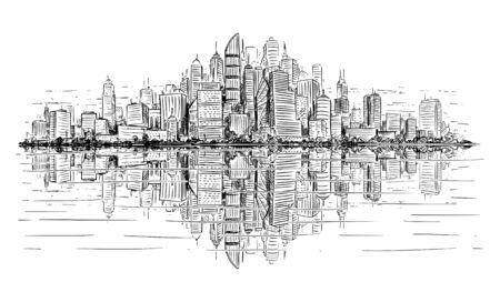 Vector artistic sketchy pen and ink drawing illustration of generic city high rise cityscape landscape with skyscraper buildings reflecting in water in front.のイラスト素材
