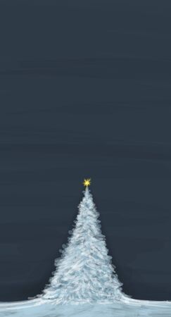 Romantic digital painting of snowy Christmas tree in winter landscape covered by snow. Blue vertical image.の写真素材