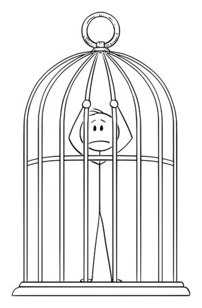 Vector cartoon stick figure drawing conceptual illustration of man or businessman trapped in golden bird cage.のイラスト素材
