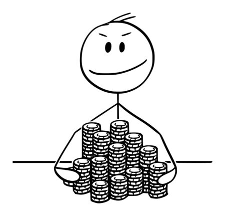 Vector cartoon stick figure drawing conceptual illustration of successful winner man or businessman with piles of poker or roulette casino chips.のイラスト素材