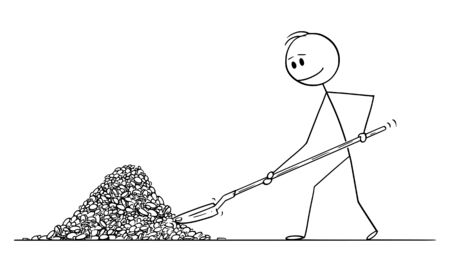 Vector cartoon stick figure drawing conceptual illustration of rich and successful man or businessman throwing pile of coins or money with shovel. Concept of financial success.のイラスト素材