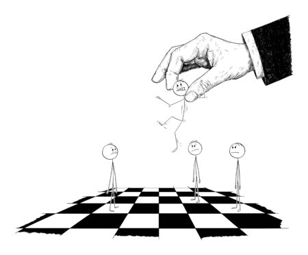Vector cartoon stick figure drawing conceptual illustration of man moved by giant hand in suit as chess piece on chessboard. Concept of control and freedom.のイラスト素材