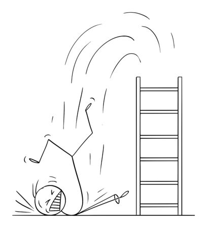Vector cartoon stick figure drawing conceptual illustration of man or businessman falling hard from ladder. Business or career concept of failure.のイラスト素材