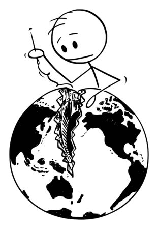 Vector cartoon stick figure drawing conceptual illustration of man with needle sewing broken world, globe or Earth. Concept of reconciliation of Pacific nations and peacemaking.のイラスト素材