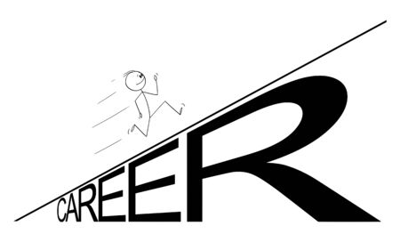 Vector cartoon stick figure drawing conceptual illustration of man or businessman running up the career hill. Success or business concept.のイラスト素材
