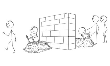 Vector cartoon stick figure drawing conceptual illustration of group of men,businessmen or illegal immigrants digging tunnel under the wall or obstacle on border or on the path to success.のイラスト素材