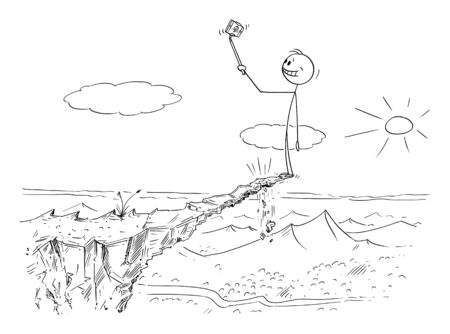 Vector cartoon stick figure drawing conceptual illustration of man taking dangerous photo selfie on unstable high rock risking his life, because he can fall down.のイラスト素材