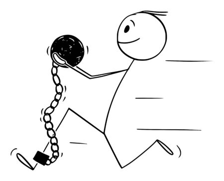 Vector cartoon stick figure drawing conceptual illustration of man in chain with iron ball attached to hid leg, he is running away or escaping from prison.のイラスト素材
