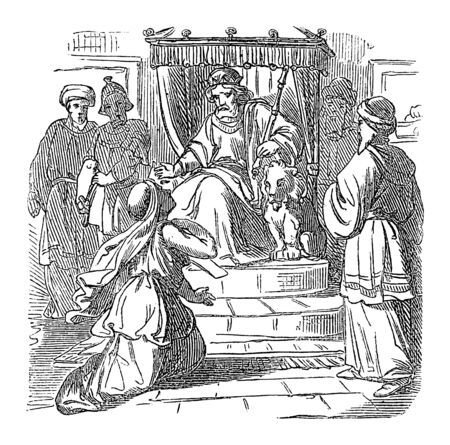 Vintage drawing or engraving of biblical story of Esther standing with Mordecai in front of throne of Persian king Ahausuerus or Xerxes.Bible, Old Testament,Esther. Biblische Geschichte , Germany 1859.のイラスト素材