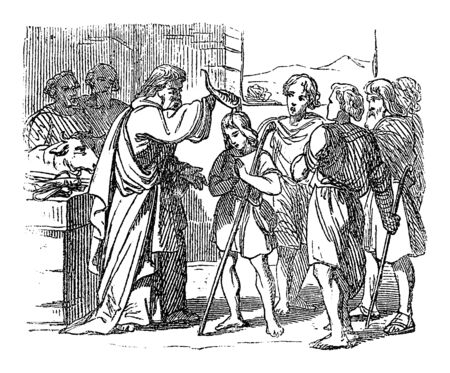 Vintage drawing or engraving of biblical story of prophet Samuel anointed David as the future king of Israelite.Bible, Old Testament,1 Samuel 16. Biblische Geschichte , Germany 1859.のイラスト素材