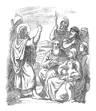 Vintage drawing or engraving of biblical story of John the Baptist baptizing people in the Jordan River.Bible, New Testament,Matthew 3. Biblische Geschichte , Germany 1859.のイラスト素材