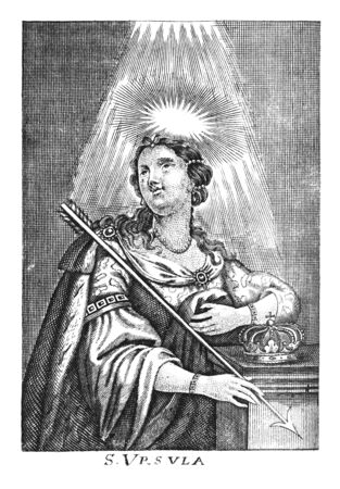 Antique vintage religious allegorical engraving or drawing of Christian holy woman saint Ursula.Illustration from Book Die Betrubte Und noch Ihrem Beliebten..., Austrian Empire,1716. Artist is unknown.の写真素材