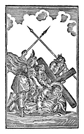 Antique vintage biblical religious engraving or drawing of 9th or ninth Station of the Cross or Way of the Cross or Via Crucis. Jesus falls for third time.Bible,New Testament,Mittlerer Himmelsschlussel, Neuhaus, Germany, 1840のイラスト素材