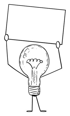Vector illustration of cartoon light bulb character holding empty sign in hand. Innovation or idea advertisement or marketing design.のイラスト素材