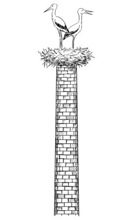 Vector cartoon drawing conceptual illustration of pair of white storks bird standing in nest on old factory smokestack or chimney.のイラスト素材