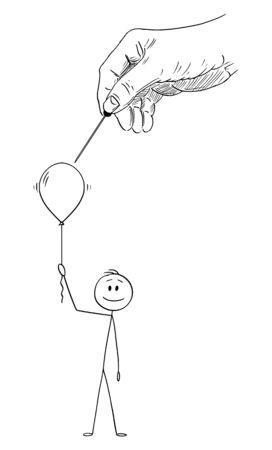 Vector cartoon stick figure drawing conceptual illustration of happy man or businessman holding inflatable party balloon or helium air ball, while big hand of god or fortune or destiny is breaking it.のイラスト素材