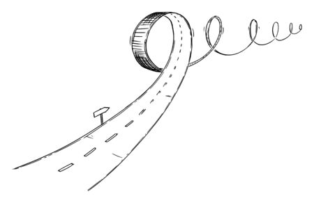 Vector black and white conceptual business drawing or illustration of turbulent road, problem or obstacle in way, uncertain direction and difficult choices.のイラスト素材