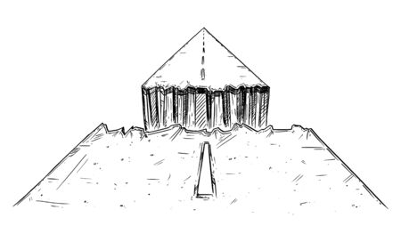 Vector black and white conceptual drawing or illustration of road interrupted by chasm or break, business or career concept, obstacle in way forward.のイラスト素材