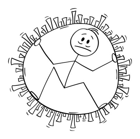 Vector cartoon stick figure drawing conceptual illustration of sick man trapped inside of coronavirus covid-19. Infection, epidemic or pandemic concept.のイラスト素材