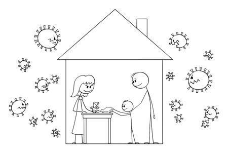 Vector cartoon stick figure drawing conceptual illustration of happy family of mother, father and child living home inside family house, safe from coronavirus covid-19 infection.のイラスト素材