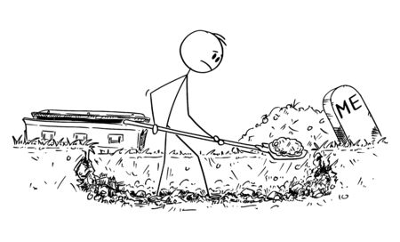 Vector cartoon stick figure drawing conceptual illustration of man digging his own grave.のイラスト素材