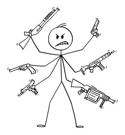 Vector cartoon stick figure drawing conceptual illustration of man with six arms holding weapons like pistol,rifle,grenade launcher and sub-machine gun.Concept of fight and violence.のイラスト素材