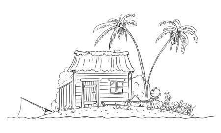 Vector cartoon stick figure drawing conceptual illustration of happy man enjoying living alone on small tropical island.のイラスト素材