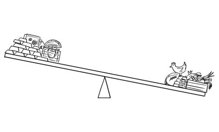 Vector cartoon drawing conceptual illustration of food and gold on scales, food stock and farm is more valuable than gold in crisis. Shortage and price rise. You can't eat money.のイラスト素材