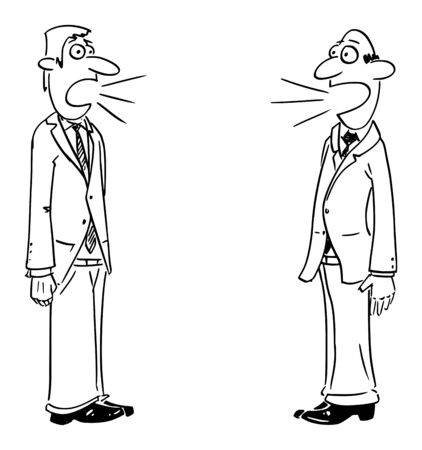 Vector funny comic cartoon drawing of two businessmen or men talking. Concept of discussion or communication.のイラスト素材