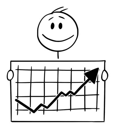 Vector cartoon stick figure drawing conceptual illustration of happy smiling man or businessman holding growing or rising financial chart or graph.のイラスト素材