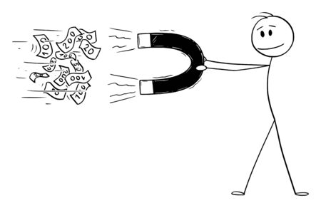 Vector cartoon stick figure drawing conceptual illustration of man or businessman holding big magnet attracting money.のイラスト素材