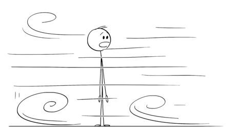 Vector cartoon stick figure drawing conceptual illustration of shocked or surprised man looking at something very fast moving around him.のイラスト素材