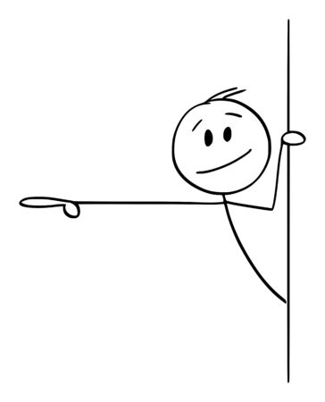 Vector cartoon stick figure drawing conceptual illustration of man or businessman peeping out from behind wall and showing or pointing finger at something.のイラスト素材