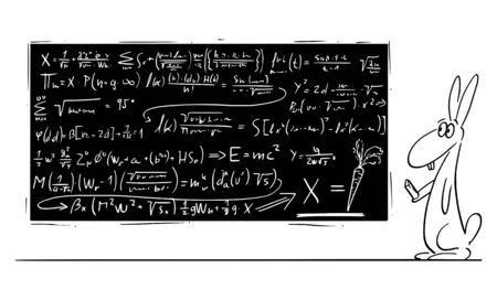 Vector cartoon stick figure drawing conceptual illustration of rabbit, jackrabbit or hare solving complex mathematical equations on black board with carrot as result. Concept of education and science.のイラスト素材