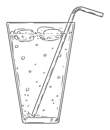 Vector cartoon drawing illustration of cold lemonade, cocktail or drink with straw and ice.のイラスト素材