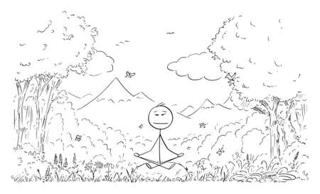 Vector cartoon stick figure drawing conceptual illustration of man meditating surrounded by nature, trees, flowers, plants, birds and butterflies.のイラスト素材