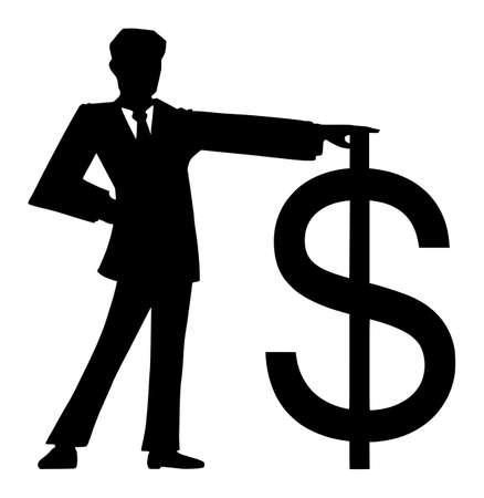 Vector cartoon figure drawing conceptual illustration of black silhouette of man in suit or businessman holding big dollar currency symbol or sign.のイラスト素材
