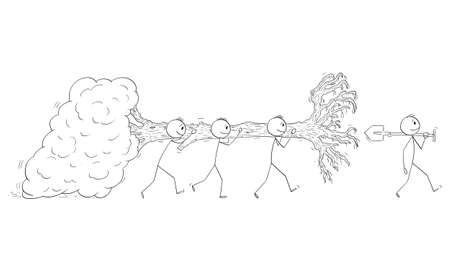 Vector cartoon stick figure illustration of group of men carrying and moving full-grown tree to plant or replant it.Concept of nature, ecology,ecosystem or climate change.のイラスト素材