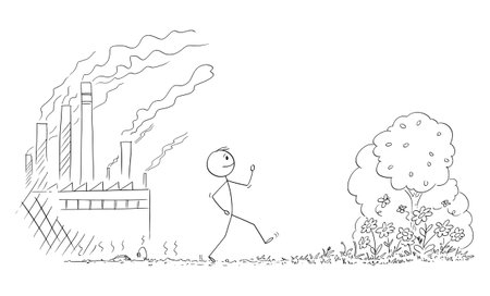 Vector cartoon stick figure illustration of man walking from place with nature destroyed by pollution from heavy industry to forest with blooming plants.のイラスト素材